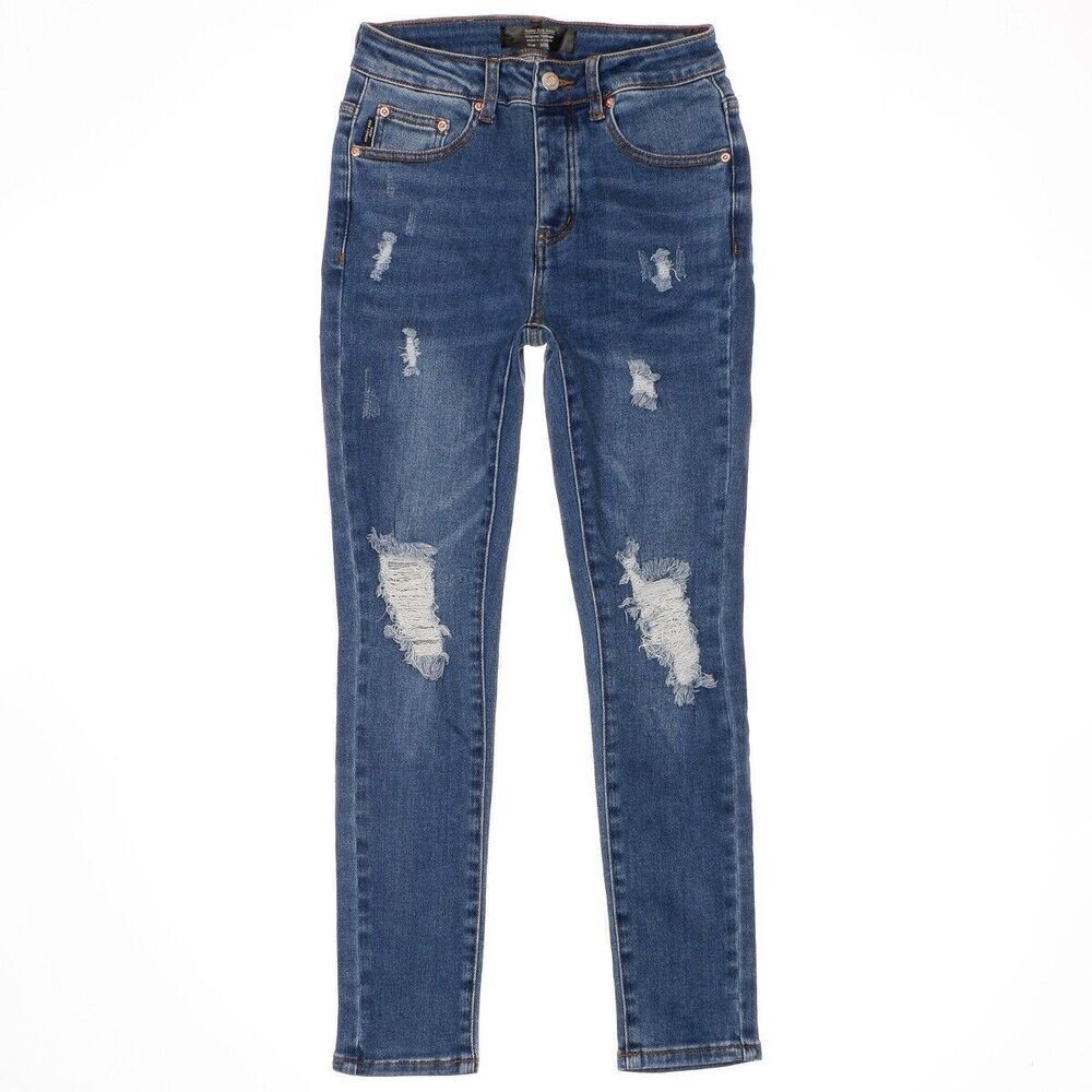 Monkey Ride Jeans Juniors Size 3/26 Blue Skinny Button Fly Distressed 26 x 26